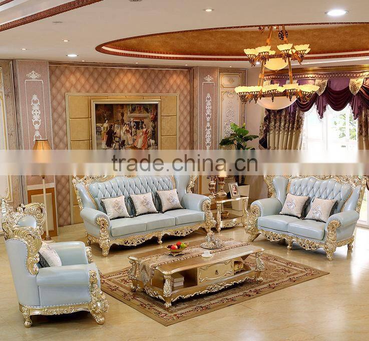 Luxury living furniture wood carving goldfoil light blue genuine leather sofa set