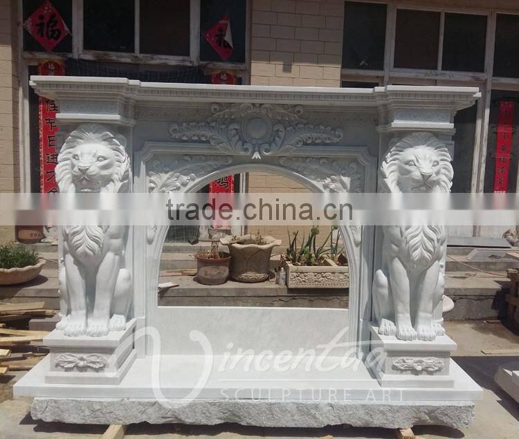 luxury home decoration marble stone lion head fireplace mantel