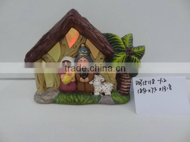 Antique ceramic nativity house scene figurines set with led lights