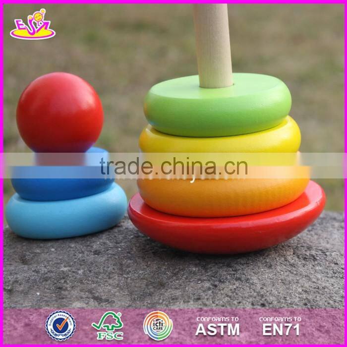 2017 new design colorful rainbow town kids wooden stacking rings toy W13D136