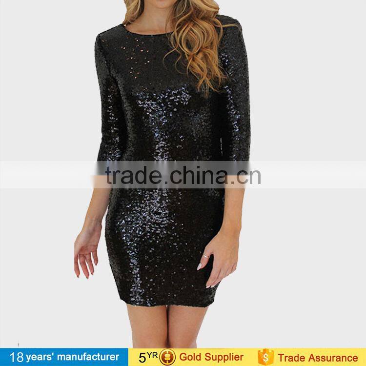 2017 sexy round neck long sleeve slim bodycon shinny bling winter party night prom sequin mini dresses for women lady