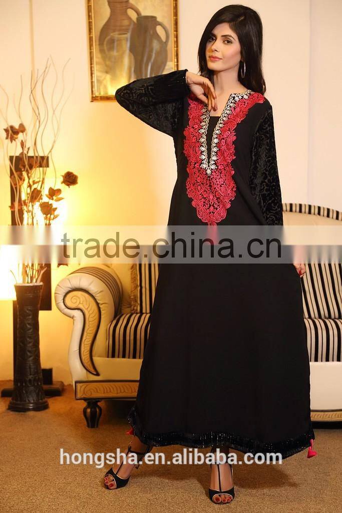 Fashion Designer Winter Front Neck Embroidery Designs For Long Kurtis With Velvet sleeves Pakistani Style HSD7739