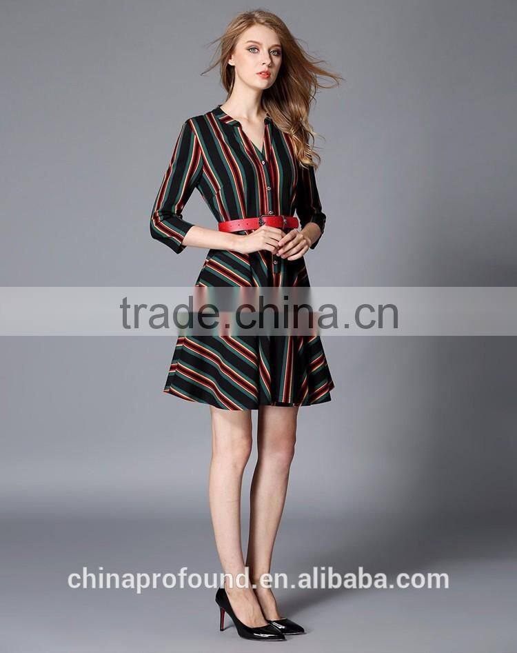 New Fashion Designer Lady Women's Dresses Striped Long Sleeve Shirt Dress