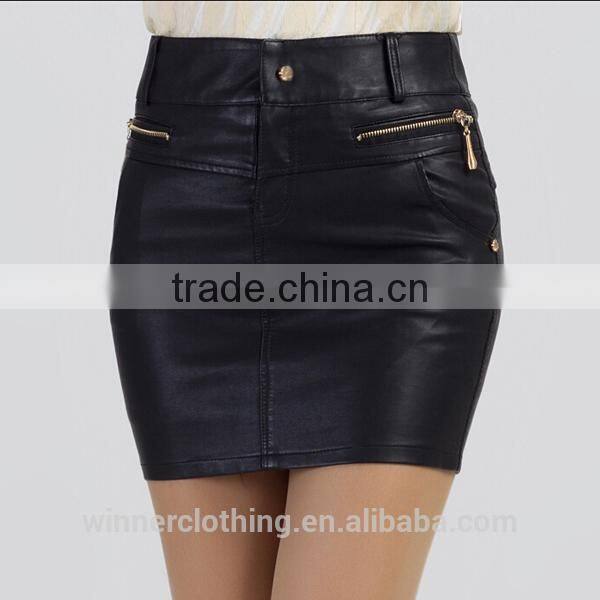 Top fashion fake leather deisgn sexy girls tight skirts with back pockets