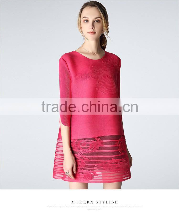 Woman pleat round neck flower splicing loose dresses wholesale