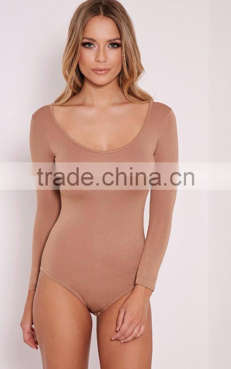 Women Basic Crew Neck Slim Fit Thong Bodysuit With Long Sleeve Jumpsuit High Waist