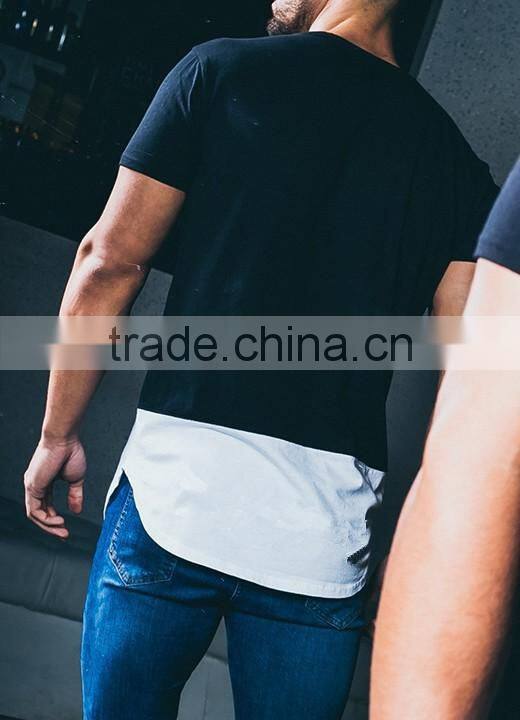 Fashion Design Two Tone Paneled T Shirt Mens Short Sleeve Longline Curved Hem T Shirt Slim Fit Cotton Elastane Gym T-Shirt