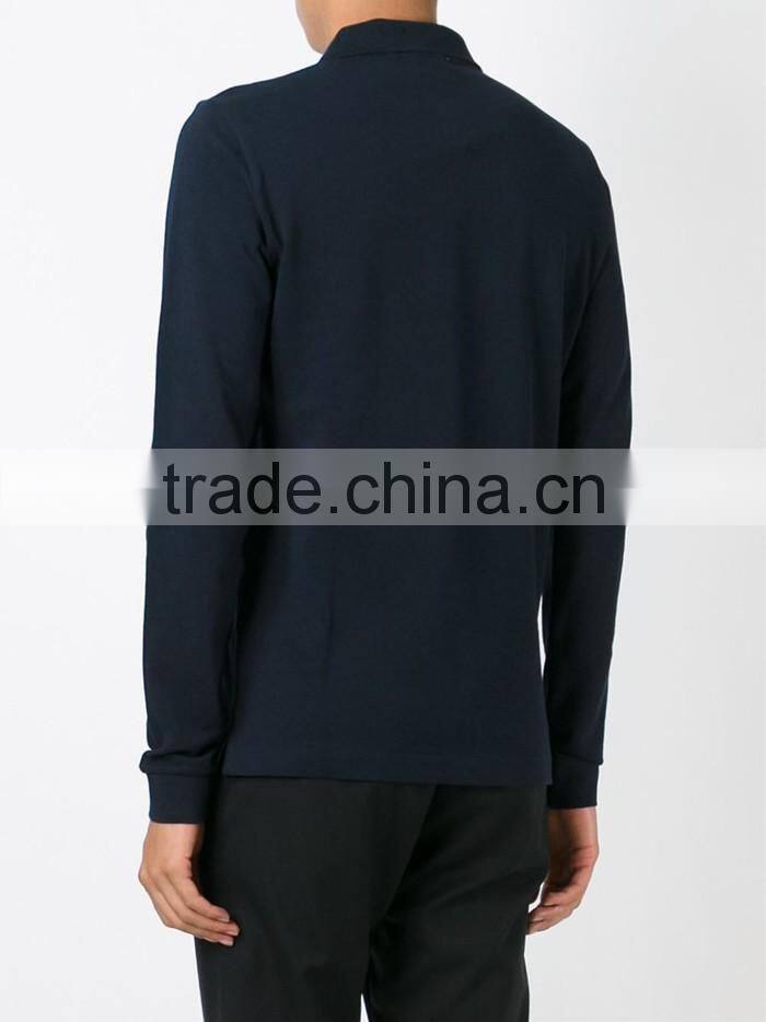 Soft dark navy blue thermal cotton long sleeve polo shirt on sale