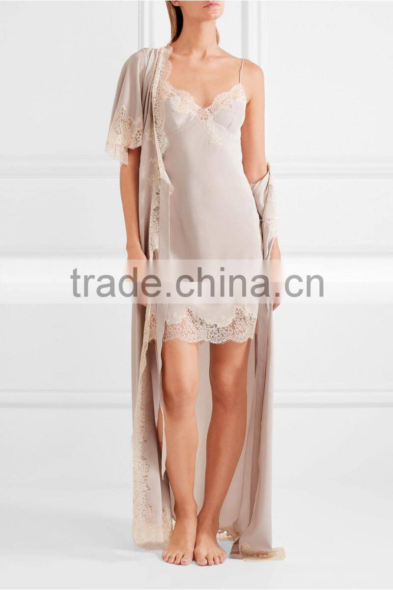 2017 new arrival ladies luxury silk satin long robe, weedning gift robe, lace-trimmed silk-satin robe