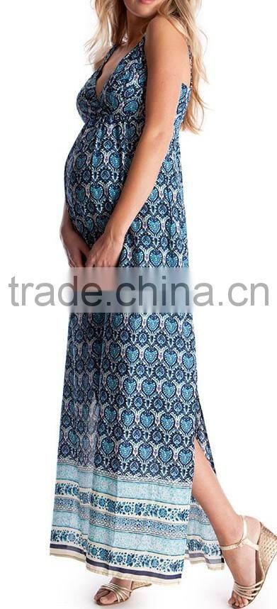 Long Maxi Maternity Dress for Summer 2015 Fashion Spaghetti Straps Side Slits Prints Nursing Dress
