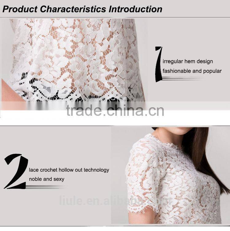 2016 latest white short sleeve fashion crochet lace top for ladies
