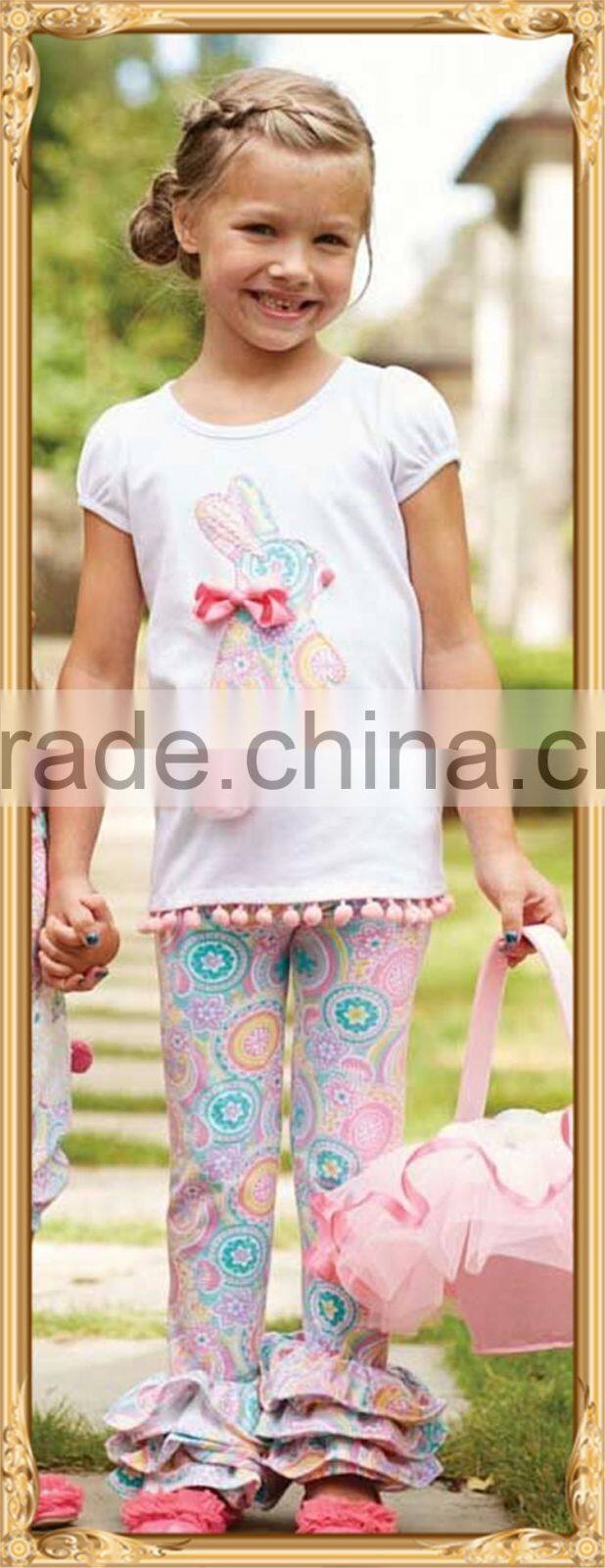 Boutique girl clothing spring and summer easter bunny outfits for toddler girls bunny top and floral triple ruffle pants sets