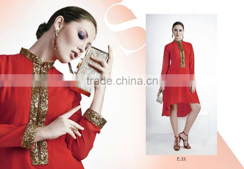 Salmon and Red color with Gold flakes neck design Vogue Designer Kurtis