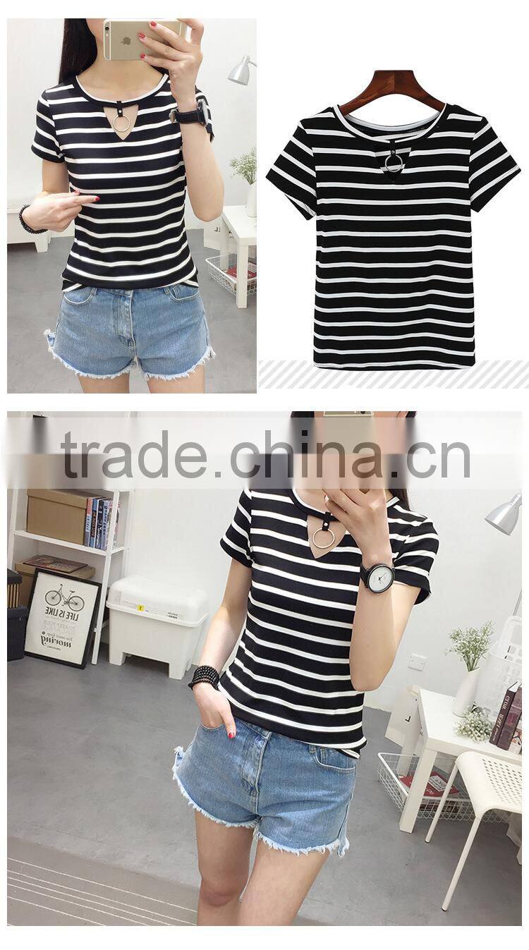 Girls Cheap Plain v neck stripe t shirt with ring low moq wholesale price