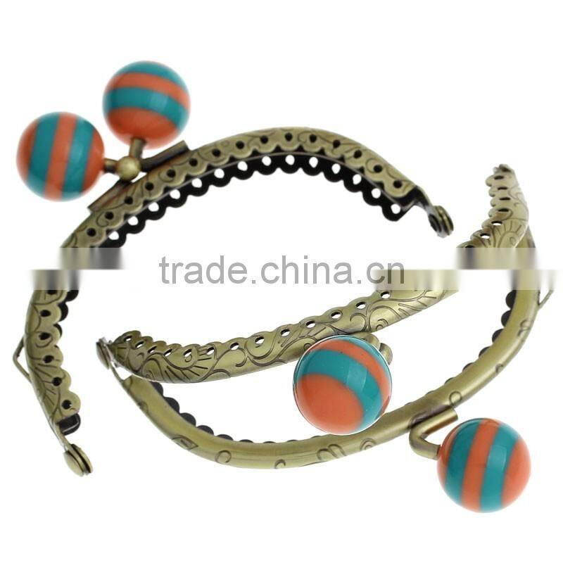 Metal Frame Kiss Clasp For Purse Bag Antique Bronze Orange & Green Resin Ball