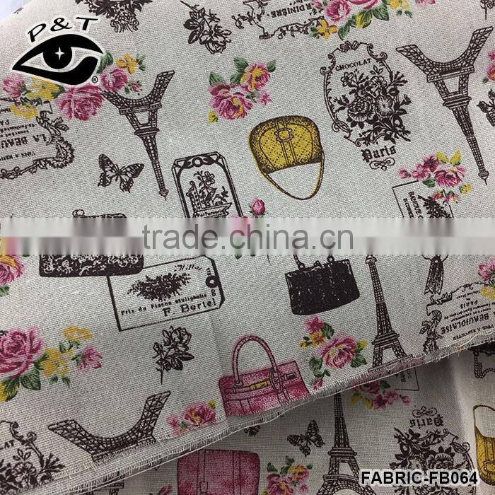 Colorful Bags Floral Eiffel Tower Pattern Printed Fabric Linen Cotton Fabrics For Sofa