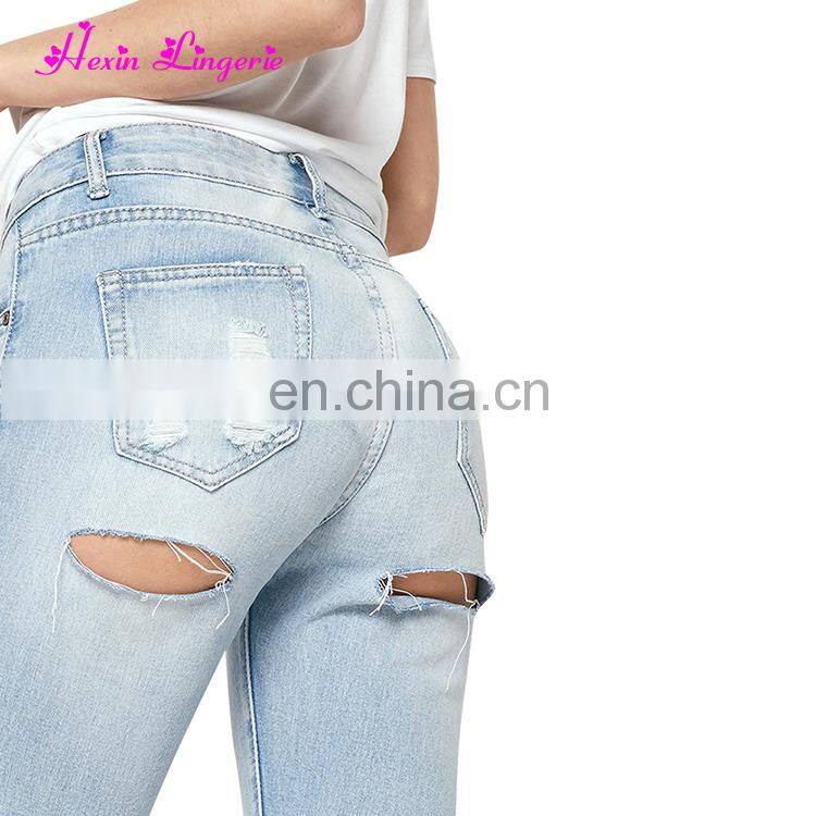 Wholesale No Moq Summer Women Denim Light Blue Ripped Jeans
