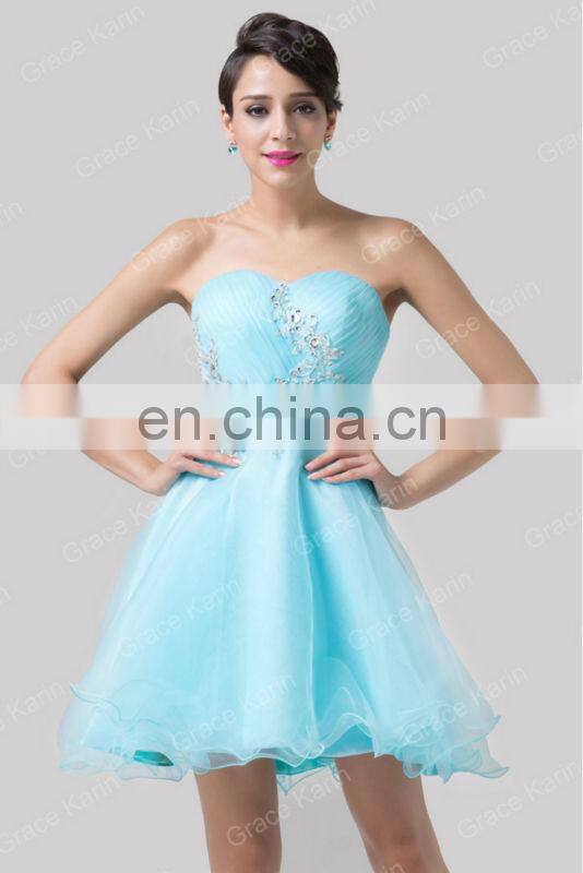 Newest Design of Grace Karin Strapless Short Blue Cocktail Dresses With Shining Rhinestone CL6178