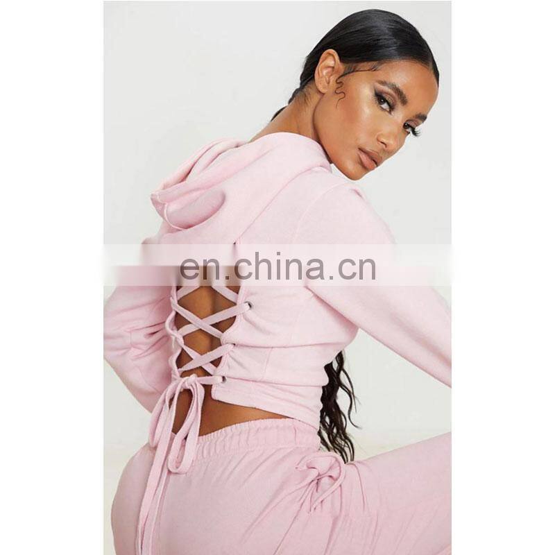 Wholesale custom spring and autumn new lace-up hollow cropped hooded sweater