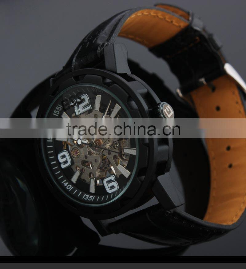Brand Men's Black Luxury Skeleton Leather Mechanical Watch WM221-ESS
