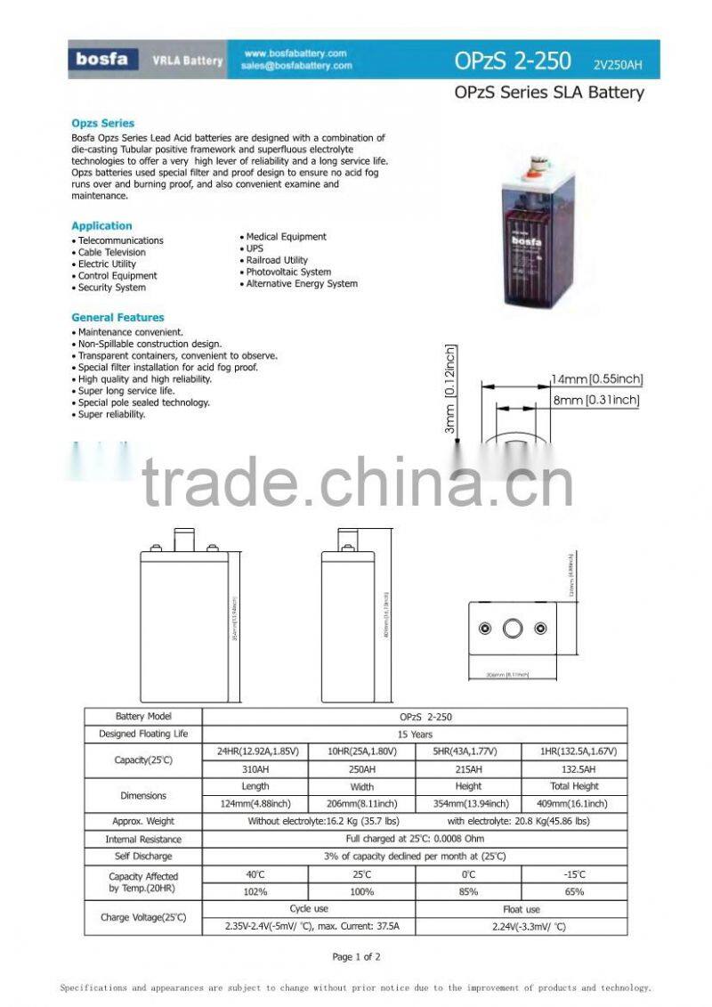 OPzS2-250 industrial tubular battery tubular battery 2v 250ah opzs storage battery 2v tubular lead acid battery 2v 250ah battery