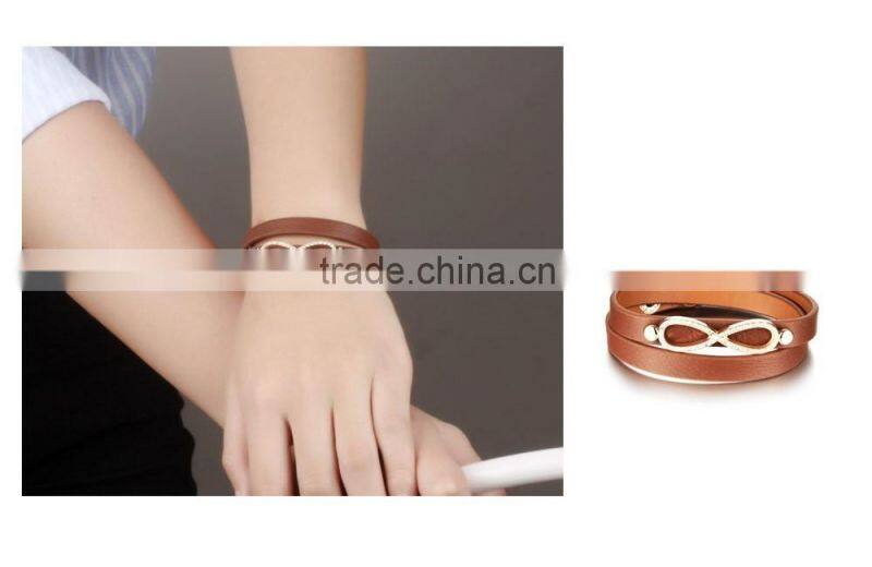 promotional items for 2016 double layers brown genuine leather bow and arrow bracelet with infinity