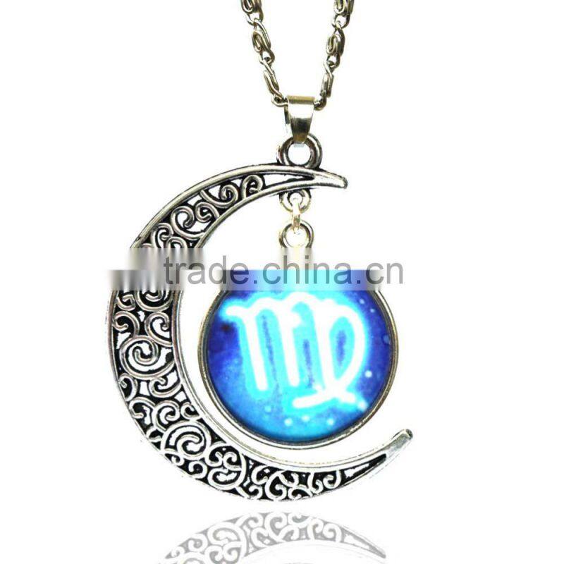 Glass Gemstone Zodiac Sign Pendant Chain Necklace Womens Jewelry