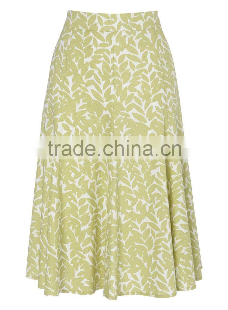 2015 Latest Women Fashion Linen Leaf Print Midi Skirt