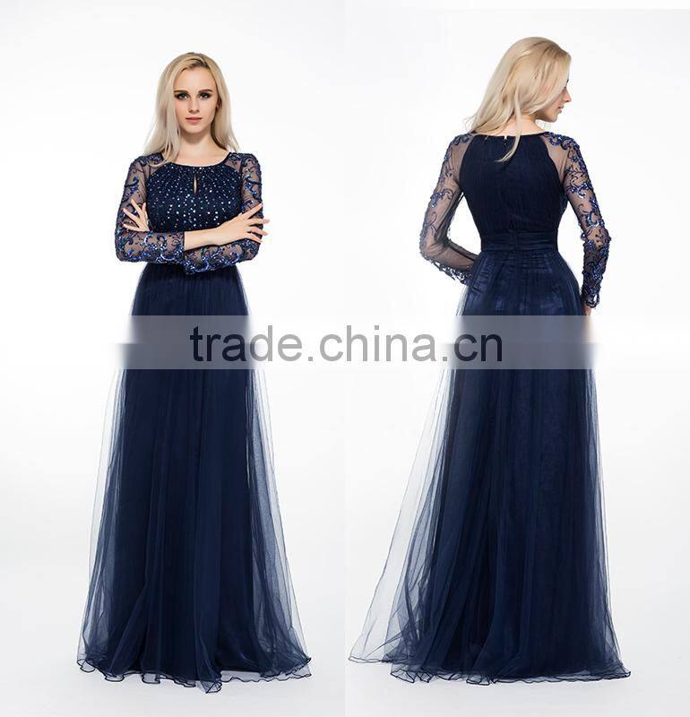 2015 New A-Line Sequins Beaded Elegant Long Sleeve Evening Dresses