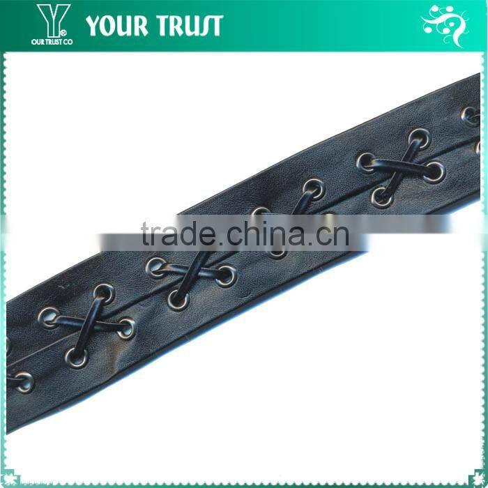 7MM Gunmetal Metal Grommet Cross Black Leather Tide Up Trimming