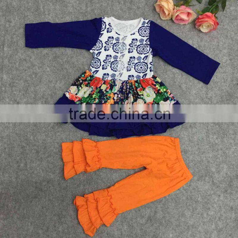2015 yiwu koya factory wholesale pumpkin halloween girls fall boutique outfit white top hairbow ruffle pant set boutique outfits