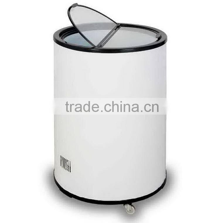 40/65/77/85 Litre Outdoor Promotional Top Open Glass Door Commercial Round Can Shape Cooler Fridge with wheels