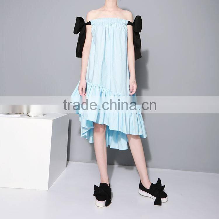 2016 New Multi-wear Big Bow Slash Neck Flouncing Ruffles Hem Strapless Off Shoulder Dress Women Summer