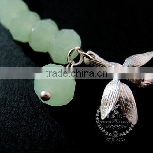 silver bamboo leaf branch charm summer ice green faceted glass beads fashion women wiring bangle bracelet 6490036