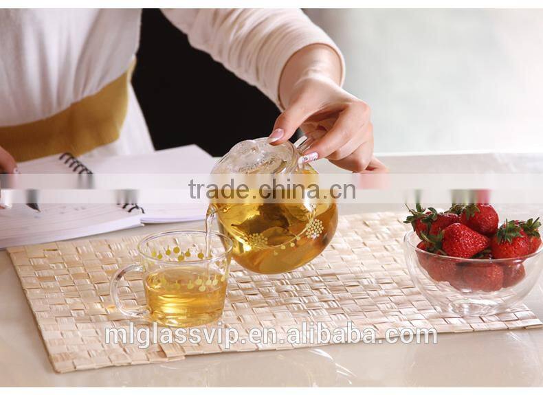 Borosilicate glass handblown glass teapot with glass infuser and two tea cups TZ319