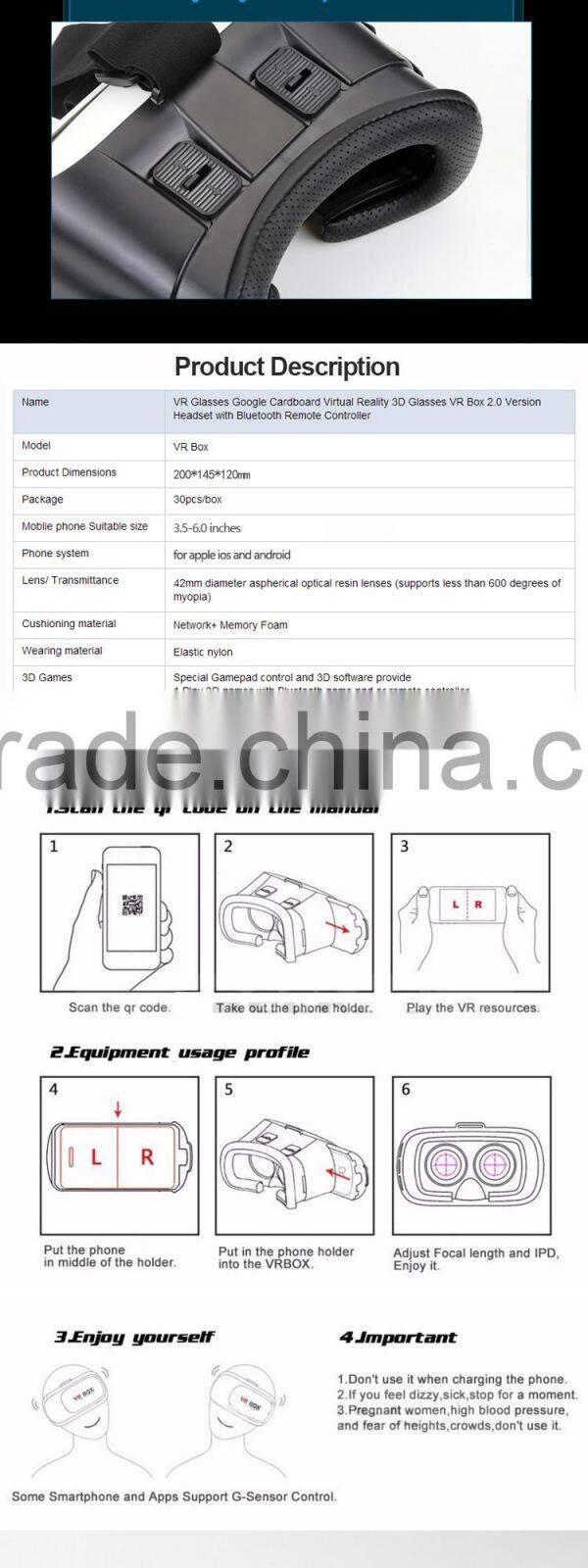 virtual reality vr 3d glasses phone case vr box 2.0 with remote