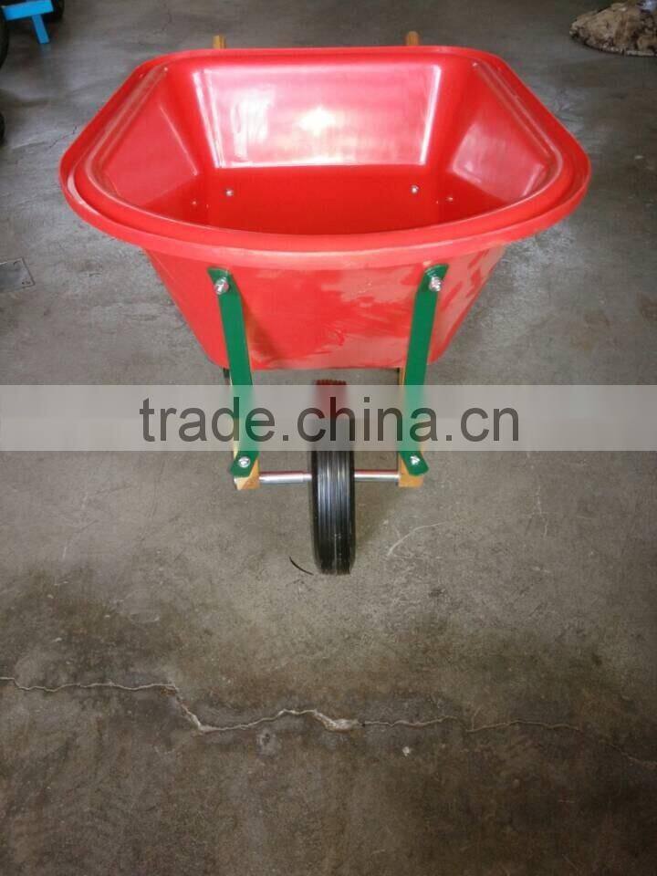 Red plastic kids wheelbarrow with wooden handle WB0603