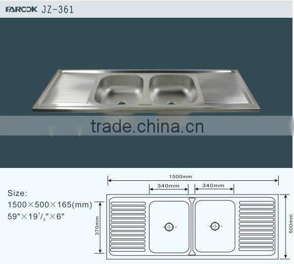 150*50cm double bowl stainless steel sink with drainboard