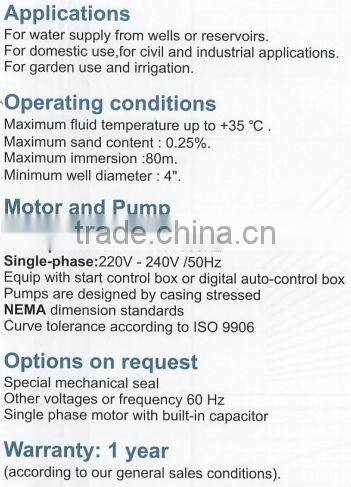 CE certified electric centrifugal submersible water pumps 4SD 8