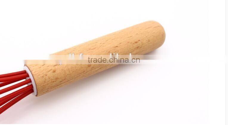 0300204 High quality 10" red color silicone egg whisk with wooden handle
