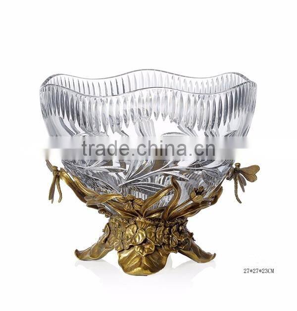 Ornate Crackle Crystal Footed Bronze Mounted Planter, Hand Engraved Crystal Vase With Bronze Casting Dragonfly Base