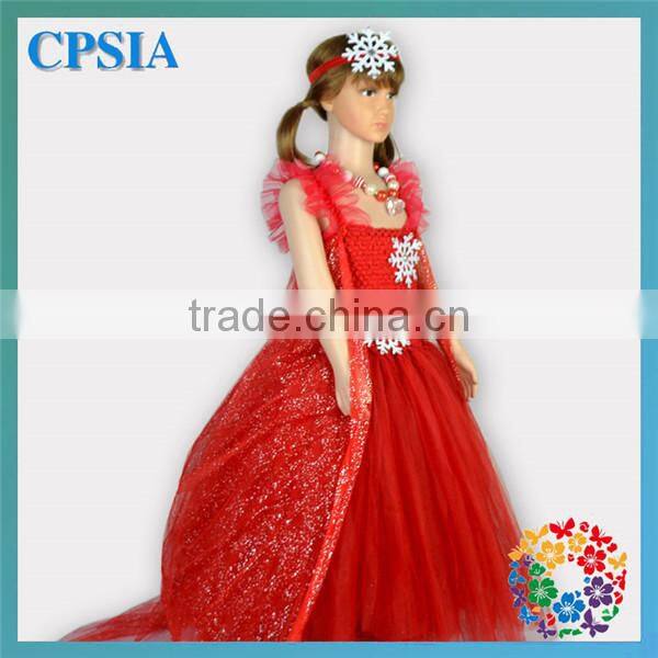 Children Boutique Clothing Girls Fancy Long Red Glitter Cape Snowflake Flower Tulle Dress Christmas Wholesale