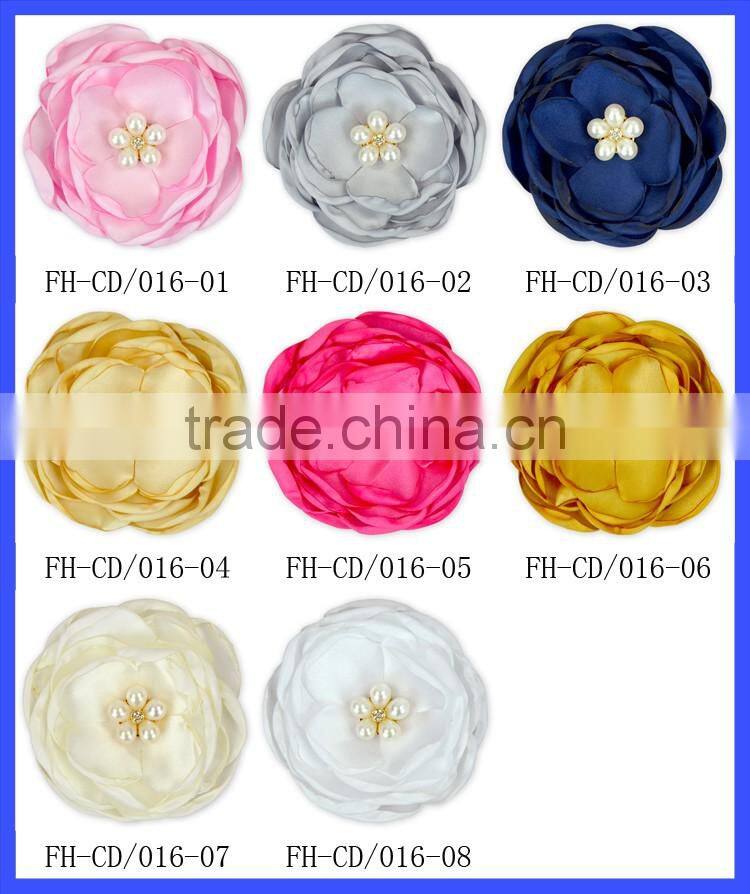 pink pearl rhinestone center handmade satin ribbon fabric flower