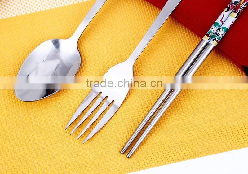 3 pcs tableware stainless steel dinnerware set of chopsticks, spoon and fork with the bag