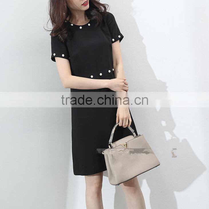 guangzhou oem clothing white pearl embellishment dresses short sleeve black slim dress