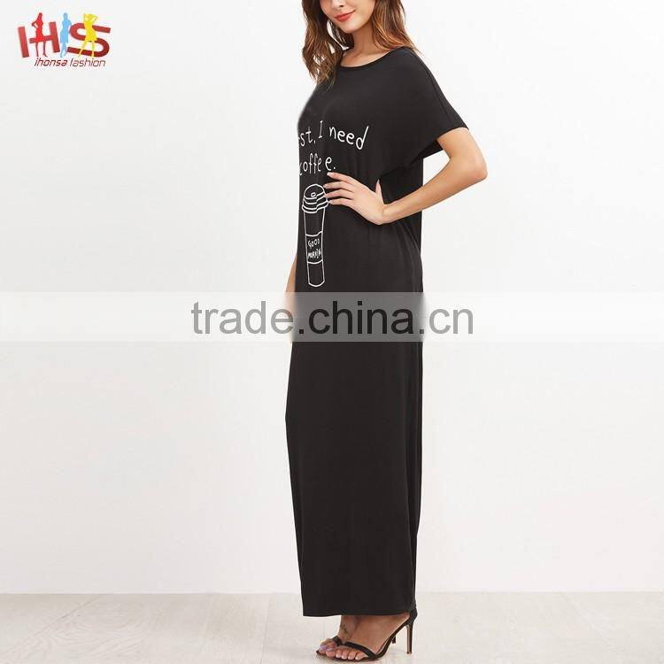 Black Graphic Print Maxi Tee Dress With Side Pocket Fashion Boho Vintage Maxi Long Dress HSd7071