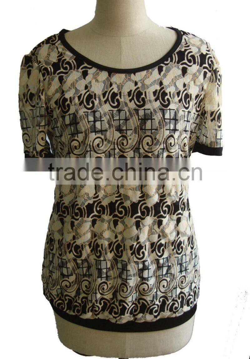 Black with Rose Print Lycra Round Collar Blouse