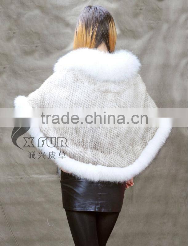 CX-B-M-99A In-stock Item Wholesale Knitted Genuine Fox Fur Trim Mink Fur Shawl Coat