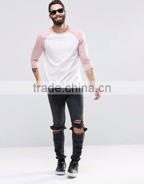 Men 100% cotton crew neck contrast raglan 3/4 sleeve t-shirt wholesale custom