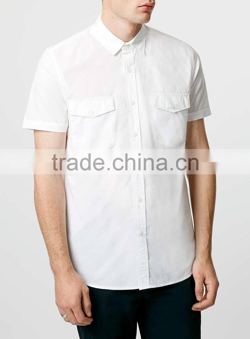 White Double Pocket Poplin Short Sleeve Casual Shirt